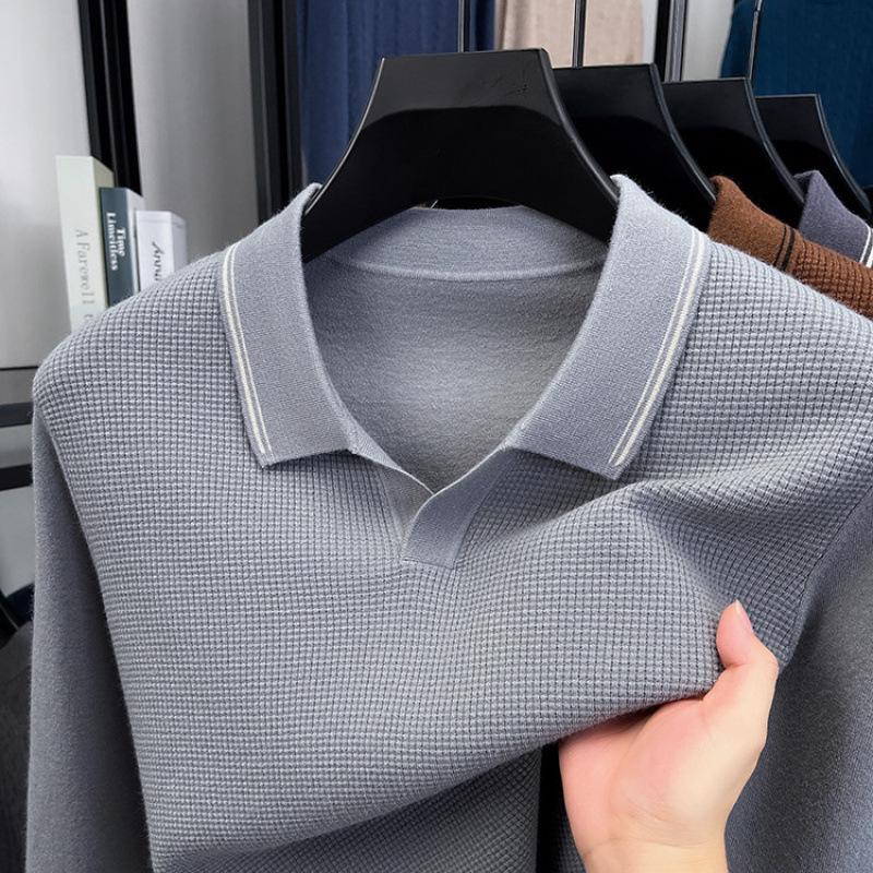 Autumn 2025 Wool Lapel Knit Sweater for Middle-Aged Men - Lightweight Base Layer Shirt