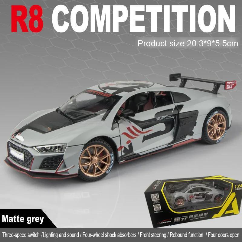 Model auta R8 z hliníkové slitiny v měřítku 1/24, vysoce simulační odlitky, hračka se zvukem a světlem, natahovací vozidla, dekorační hračka pro děti, dárek