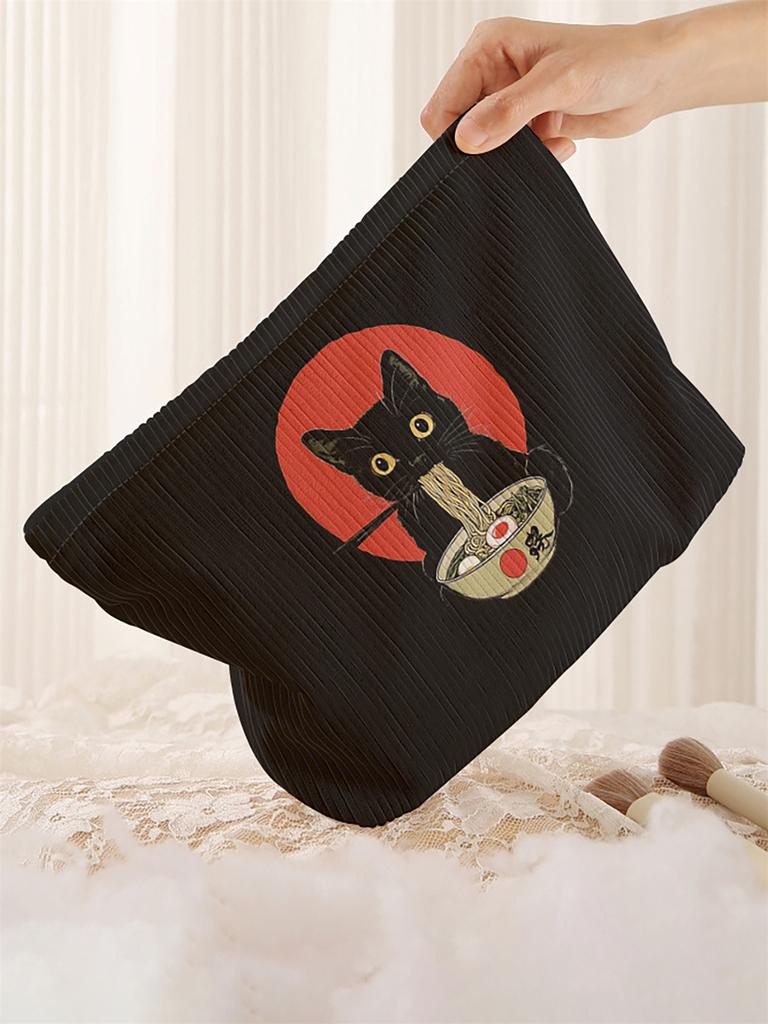 1 black cat pattern printed corduroy makeup bag, lightweight zipper makeup storage box, multifunctional bag with lining