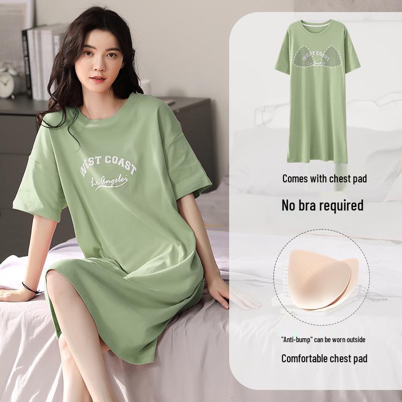 Women's Cartoon Cotton Nightgown with Bra Pads - Short Sleeve, 2024 Summer Style Pajamas