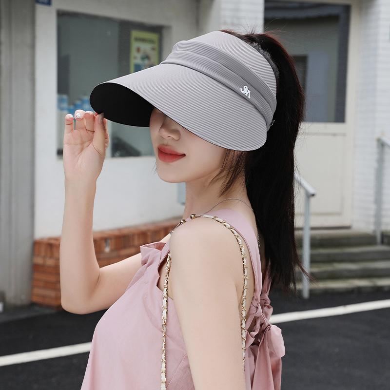 New Summer Twill Sun Hat Fashionable and Versatile Travel Sun Protection Hat High Ponytail Empty Top Ice Silk Vinyl Sun Hat