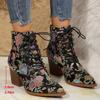 Fashion Comemore Women's Boots Spring Autumn New Embroidery Ethnic Style Pointed Head Chunky High Heel Ankle Boots Retro Short Botines