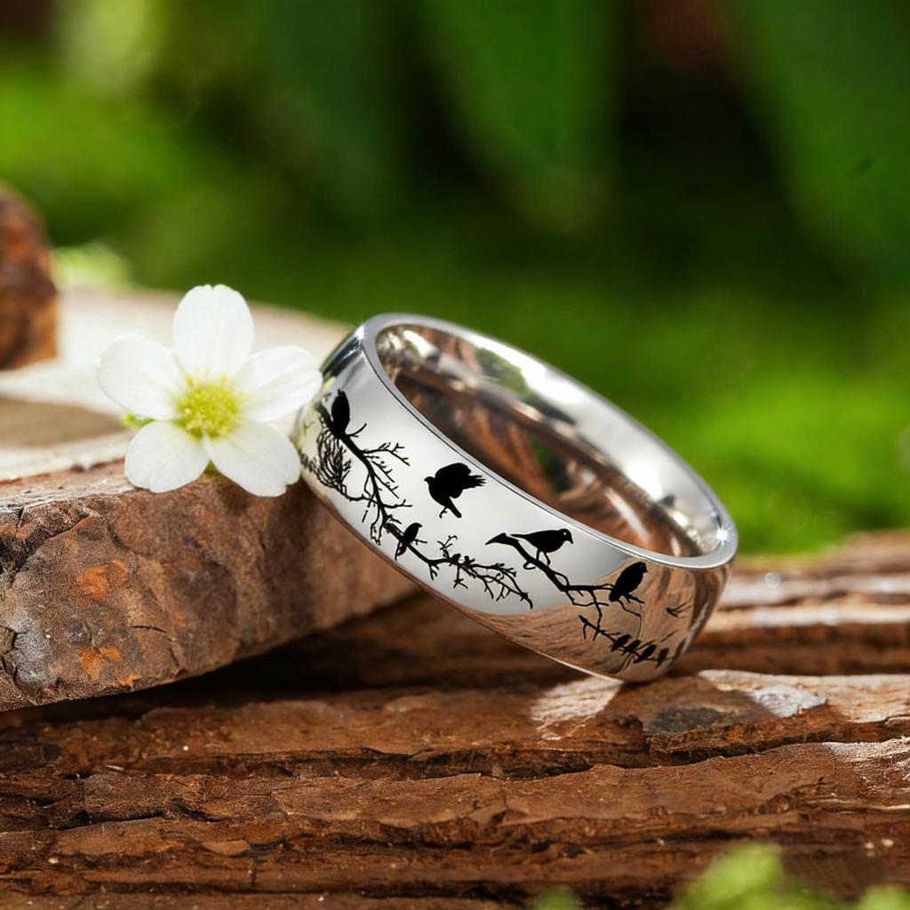 Creative Bird And Branch Pattern Stainles Steel Rings For Men Woman Black Polished Men Ring Wedding Engagement Jewelry Gifts