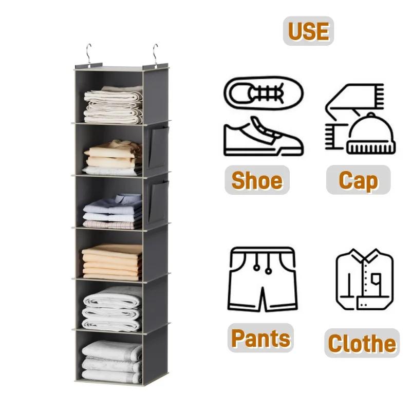 Closet Hanging Organizer, 6-Pocket Wardrobe Storage Bags with Hook, Foldable Shelf Dividers for Clothes, Bedroom, Cabinet