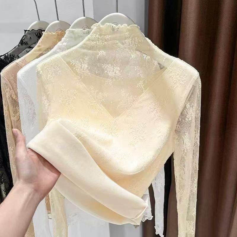 

Women s Velvet-Lined Mesh Lace Shirt - Half-High Neck, Stylish Base Layer for Autumn/Winter 2025 S