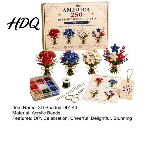 Small 3D Floral Arrangement America 250 Beaded Bouquet DIY Kit 4th of July Patriotic Flower Craft Fantasy Art Kit Handmade Set 1776-2026 Independence