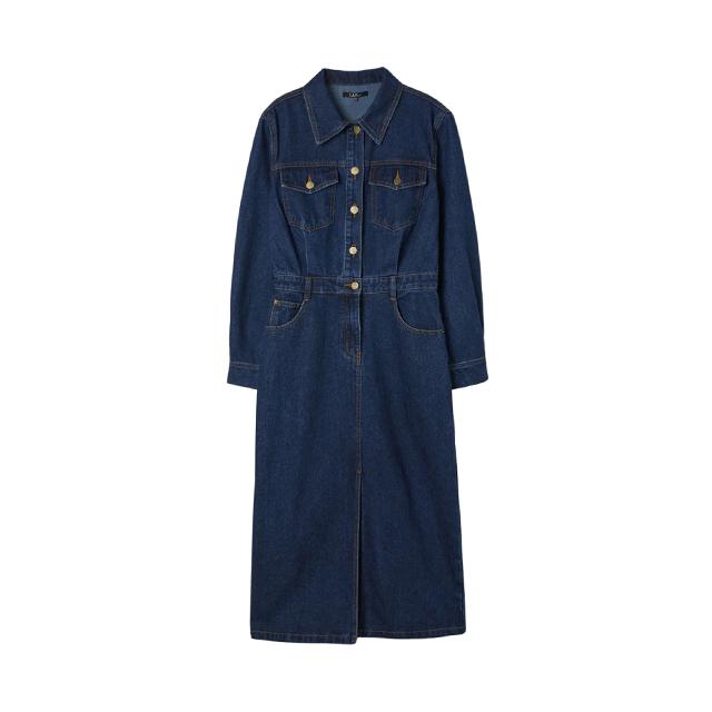 LAP Long Slim Slit Denim Long Sleeve Dress Aq3Do861