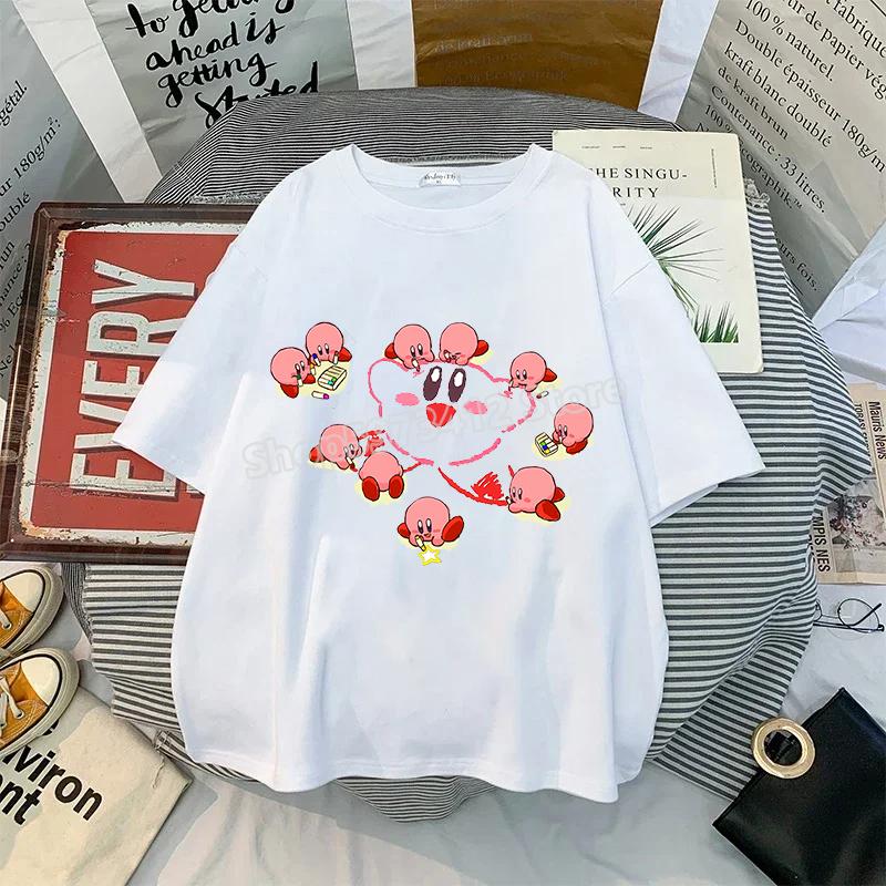 Kirby Shirt Summer O-neck Round T-shirt Cotton Short-Sleeve Tops Solid Color Adult Printed Anime White Tshirt Collar Couple Tees
