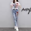 Sommer Frauen Sets Mode Kurzarm T-shirt + Loch Jeans 2 stücke Mädchen Casual Hosen Anzüge