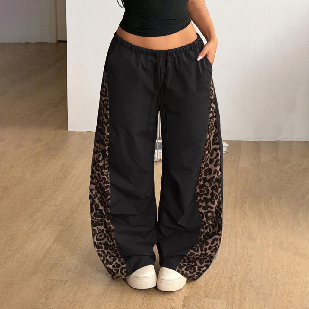Pantaloni da donna a gamba larga con stampa leopardata, vita elasticizzata e fluidi, per abbigliamento casual