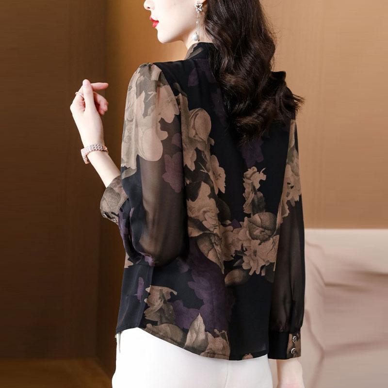Beautiful Age-reducing Floral Long-sleeved Shirt Middle-aged Mother's Autumn New Style Polo Collar Shirt