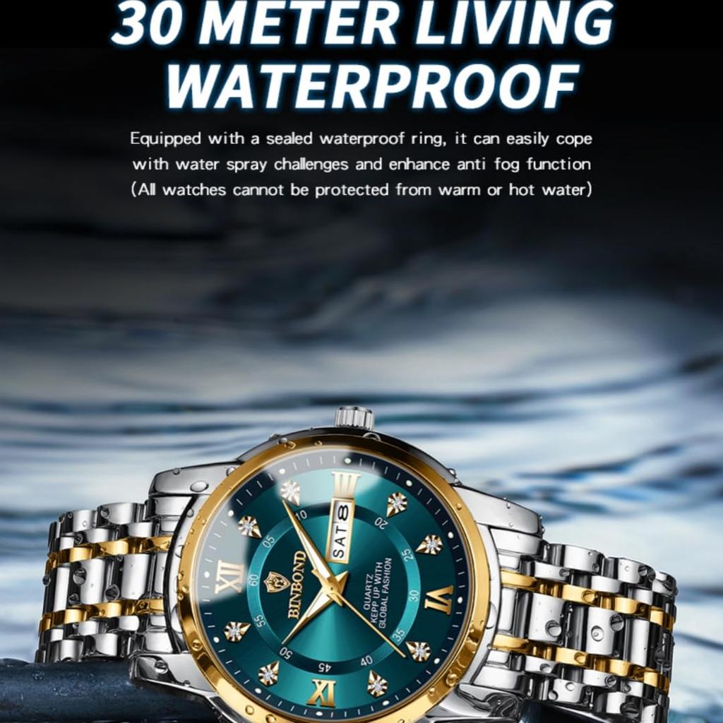 BINBOND Luxury Watch for Man Elegant Date Week Waterproof Luminous Men Watch Quartz Stainless Steel Sports Men's Watches