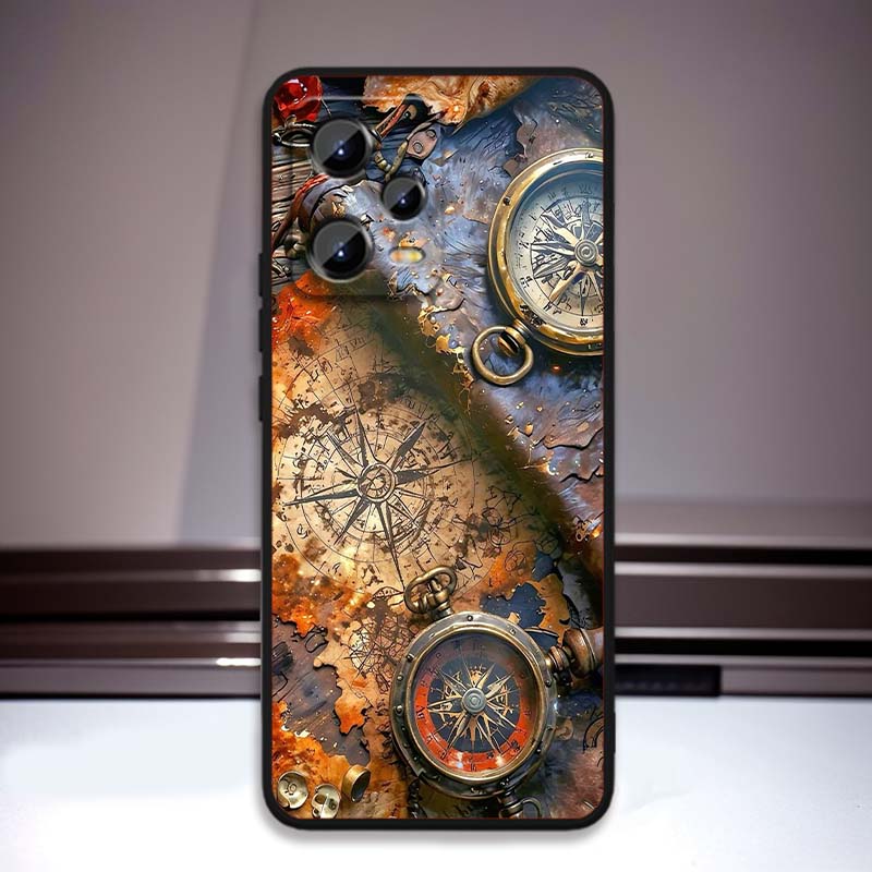 Vintage Kompass Illustration Für Xiaomi Redmi Note 15 14 13 12 12S 11E 11 11S Pro Plus 4G 5G Schwarze Weiche TPU Handyhülle