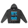 DTG Print Knitted Denim Zip-Up Hoodie Drive Back In Time Brother Print Zipper Hoodies  