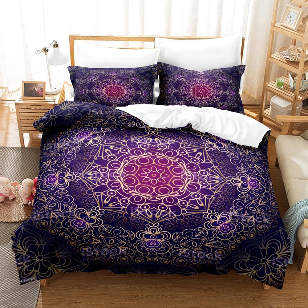 Bohemian Mandala Duvet Cover Set King Size Blue Boho Microfiber Comforter Cover +Pillowcases Zipper Closure Bedding Set Double