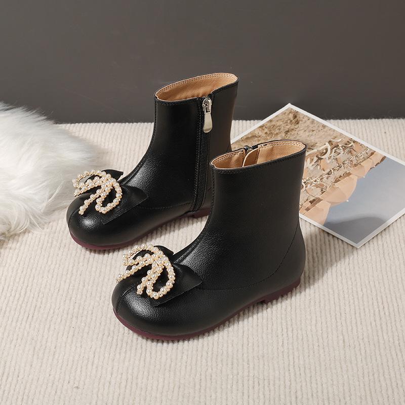 Skórzano-bawełniane buty dla dziewczynek - Przytulne krótkie botki z aksamitu na jesień i zimę