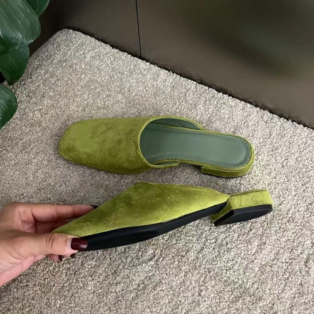 Fashion 2025 New Summer Suede Low Heels Slippers Women Square Toe Leather Casual Slippers Female Daily Walk Slippers Mules Sandals