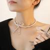 Fashion Trend Full of Pearl Fringed Temperament Necklace with Diamonds Bow Super Fairy Collarbone Chain