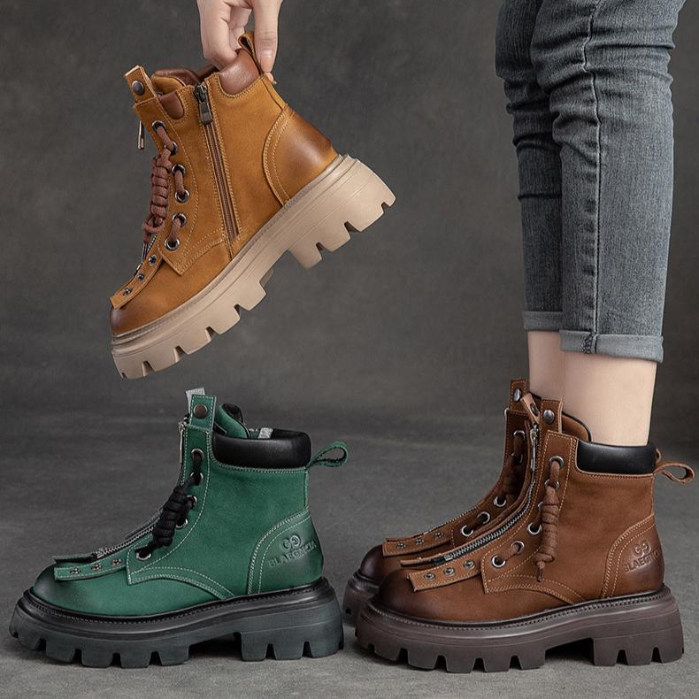 Johnature Retro Genuine Leather Women's Shoes Round Toe Thick Sole Versatile Short Boots