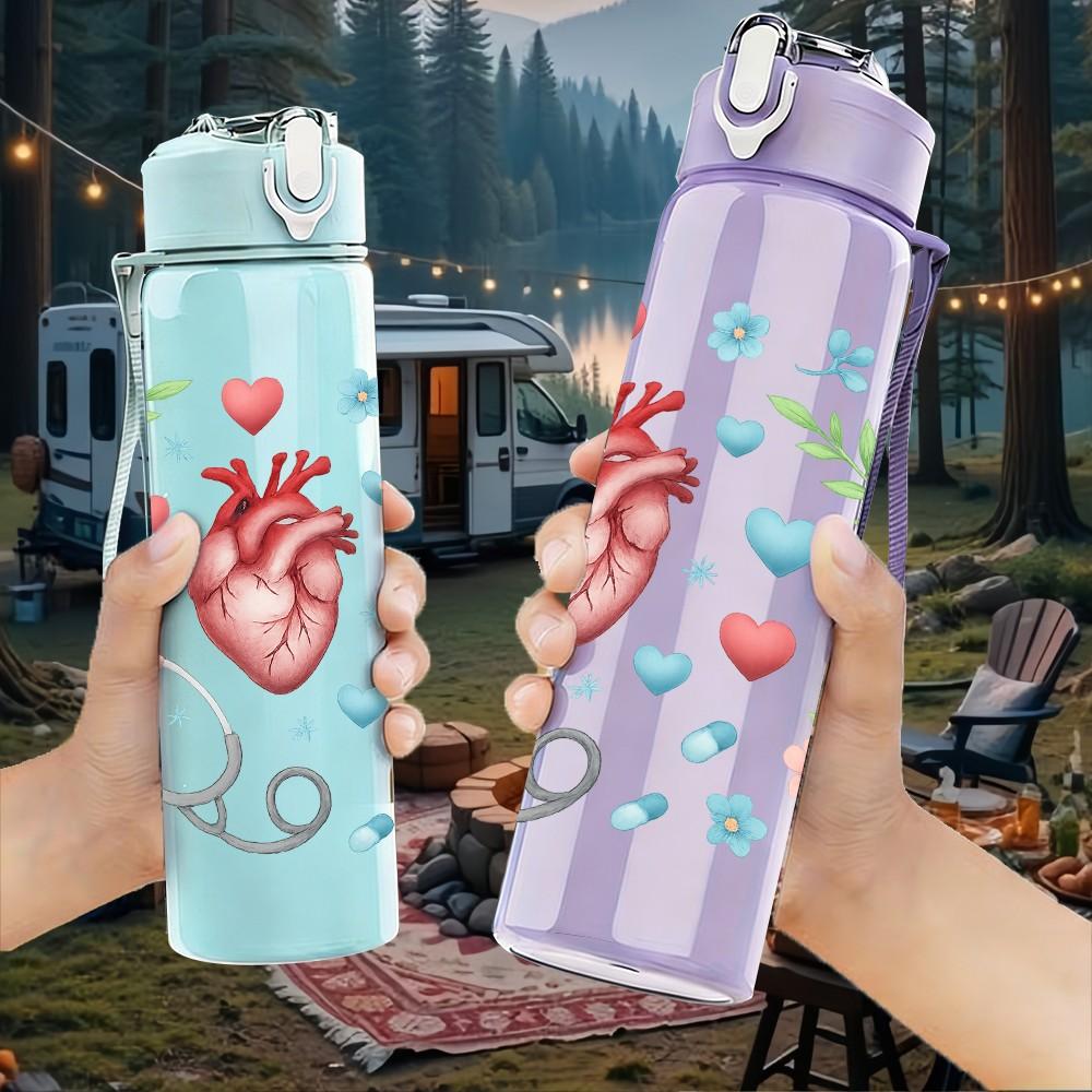 1PC Heart Stethoscope Medical Pattern 750ml Color Plastic Sports Water Bottle Leakproof Flip Straw Lid Suitable for Sports Office Home Use