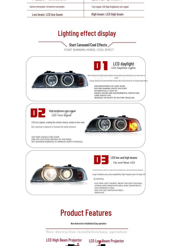 LED Projector Headlight Assembly with DRLs and Turn Signals for 98-03 BMW 5 Series E39