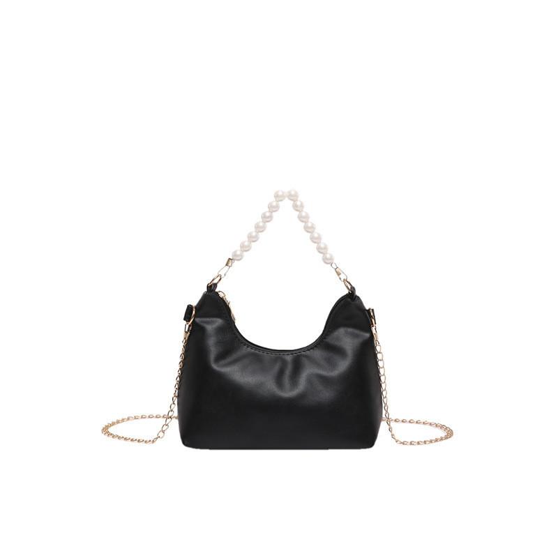 Trendy Pearl Handle Black Pu Shoulder Bag With Chain Summer 2024 Stylish Medium Size