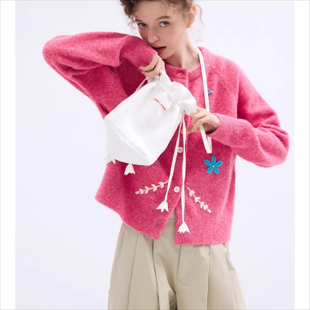 Dimanaf 2025 Autumn Jacket Women Sweaters Coat Embroidery Wadded Coat Cardigan Knitting Pockets Blue Pink Sweater