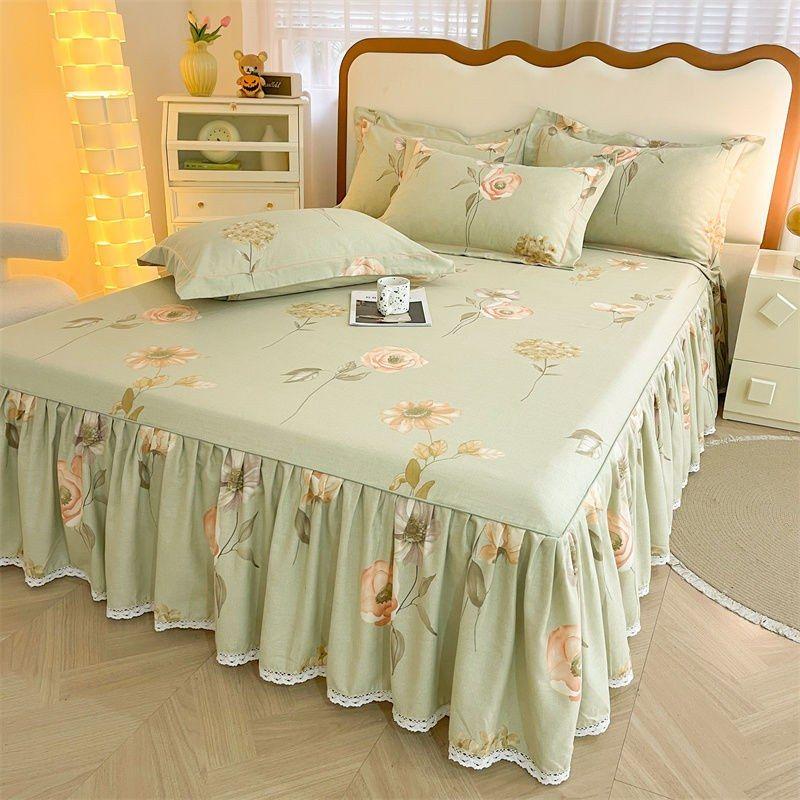 3pcs Printing Ruffled Edge Soft Comfortable Breathable Bed Skirt Set All-season Availability,  Mattress Cover, Printing Bedding Set, for Bedroom