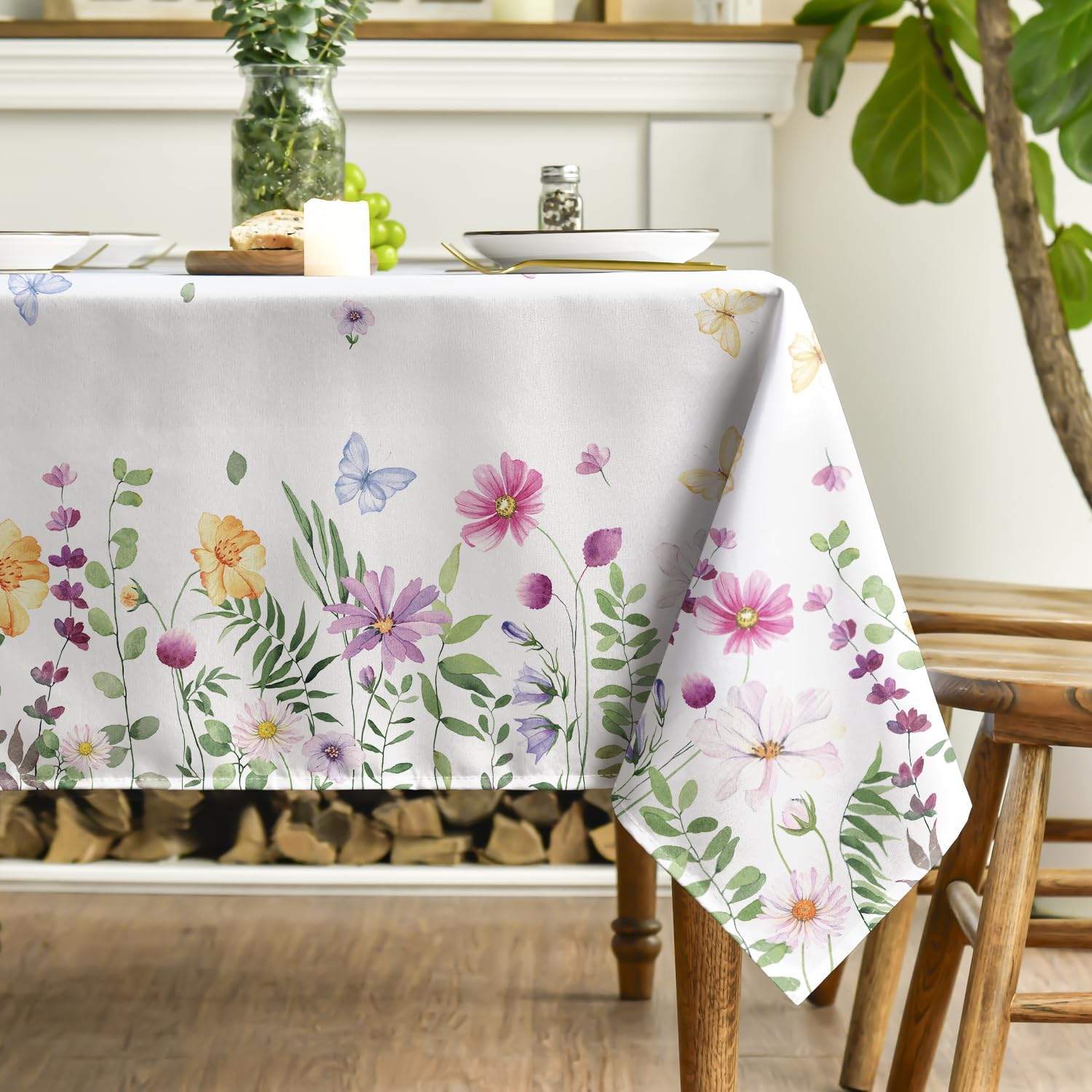 Jingyue Pet Unisex Spring Wildflowers Floral Butterfly Rectangle Waterproof Tablecloth Kitchen Dining Decor Reusable Holiday Party Tablecloth Decor