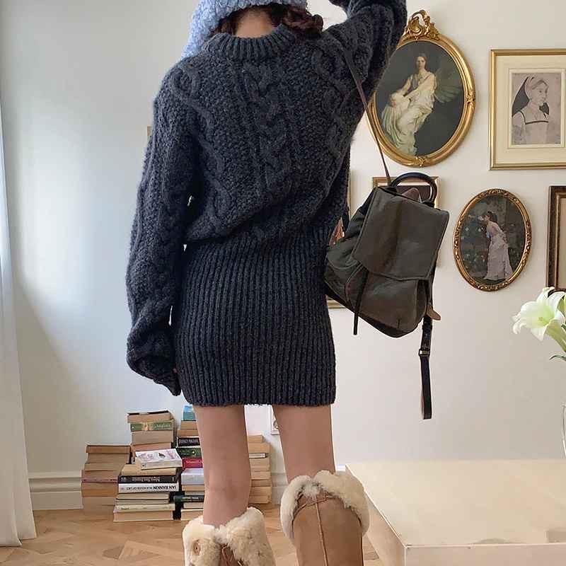 Herbst Winter Twist Elegant Damen Strickpullover Kleid Retro Lässig Locker Langarm Rundhals Pullover Kurze Kleider Büro Neue Slim Fit Kleidung
