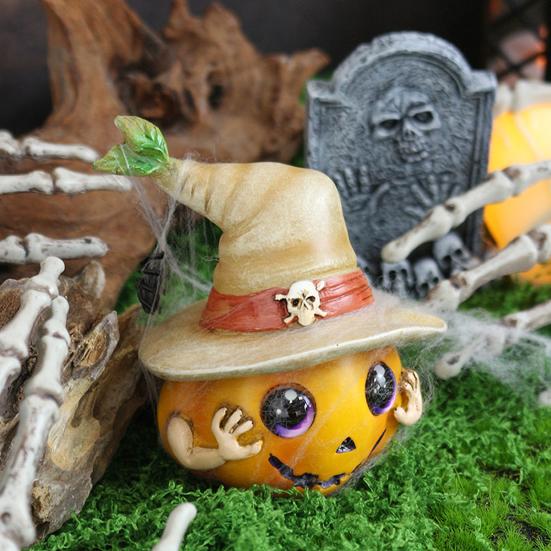 Halloween Pumpkin Ornament Spooky Resin Pumpkin Statue with Hat Spider Skull for Halloween Home Tabletop Decor
