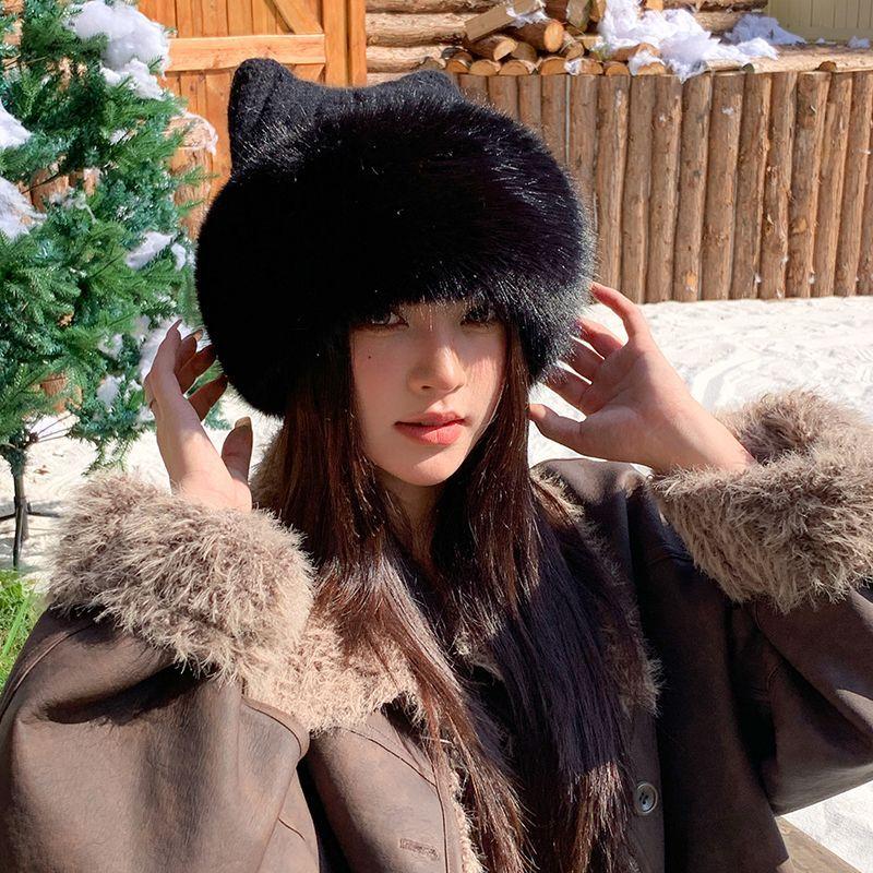 Fashionable and Adorable Cat Ear Hat Autumn Winter Versatile Knitted Hat Thickened Large Circumference Women's Plush Hat
