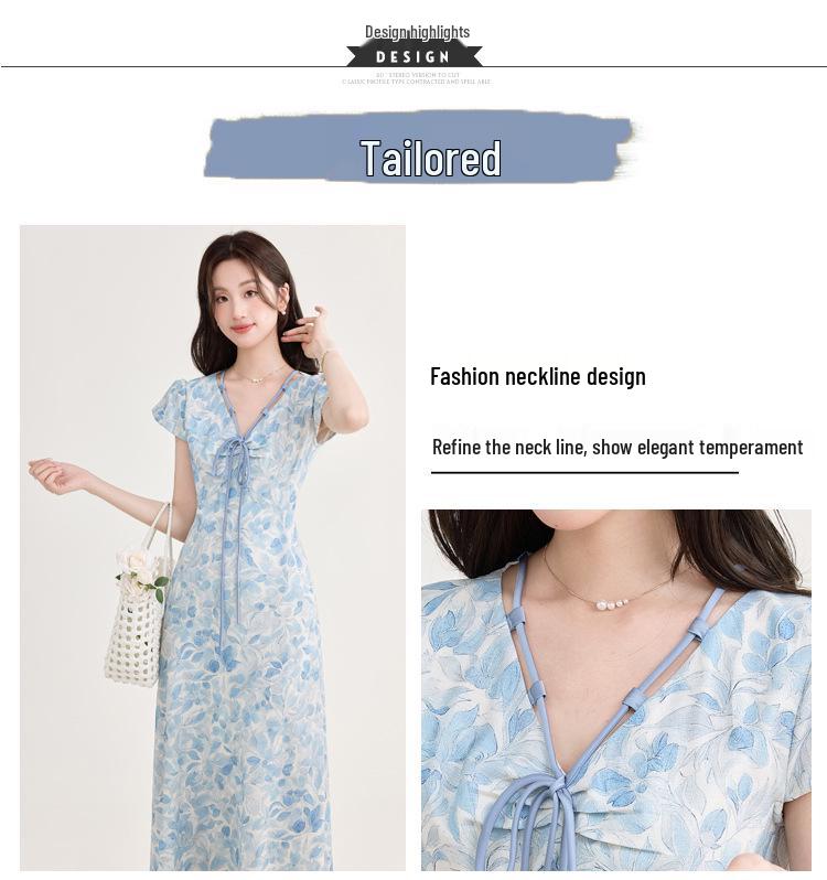 2026 Frühling/Sommer Elegantes blaues Blumen-A-Linien-Kleid: Taillenbetonend, Kurzärmelig, Französischer Stil