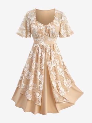 Rosegal Plus Size Floral Lace Panel Gold Line Ruched Layered A Line Dress