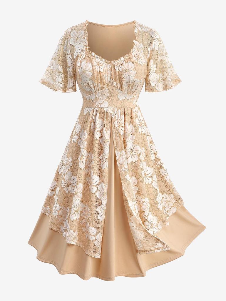 Rosegal Plus Size A-Linien-Kleid mit floralem Spitzeneinsatz und goldener Linie und Rüschen