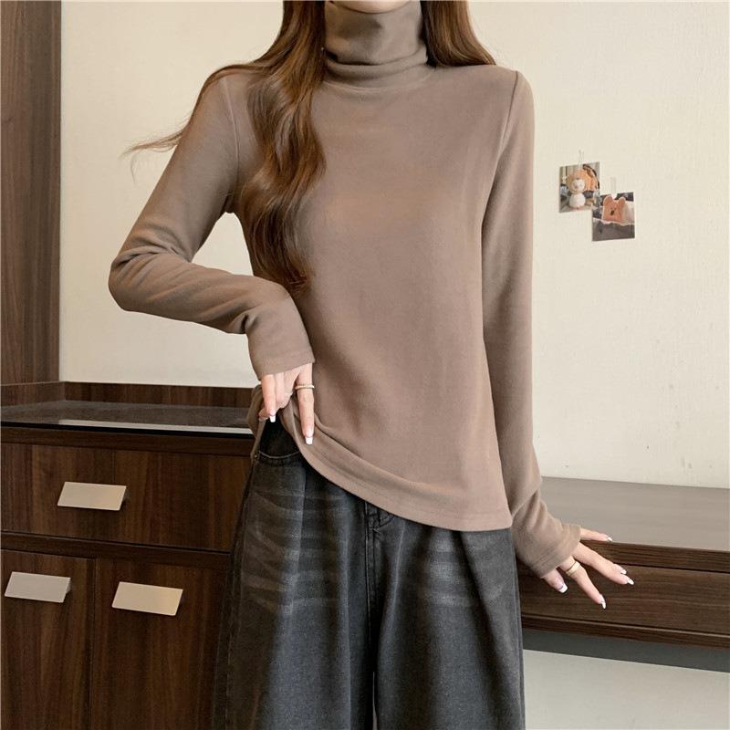 

Real shot ribbed German velvet long-sleeved T-shirt women s autumn and winter turtleneck inner bottoming shirt XL темно-коричневого кольору