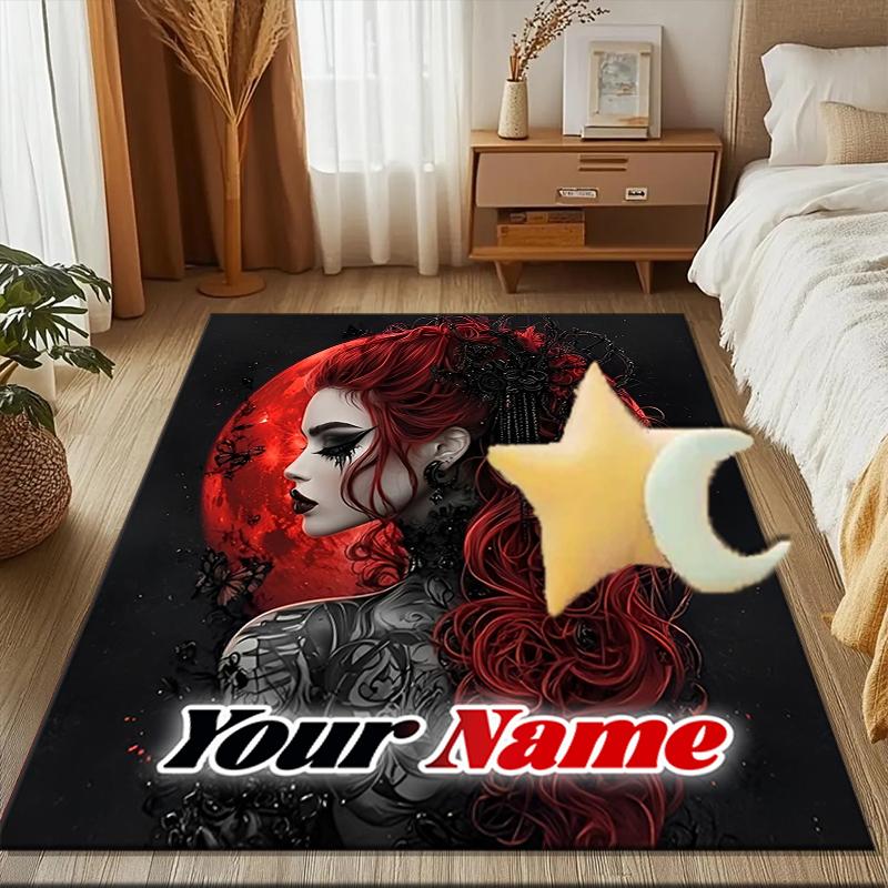 1PC Custom Name Gothic Red Hair Beauty Theme Floor Mat Ideal for Living Room, Game Rooms, Office, Bedroom,Floor Mat Playful Design1