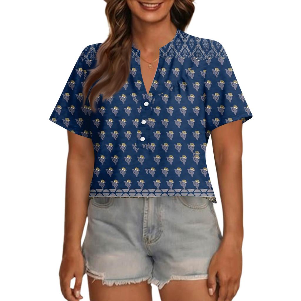 Modisches, lässiges Damen-Top mit V-Ausschnitt, Knopfleiste, Oversize-Schnitt, kurzen Ärmeln und Print