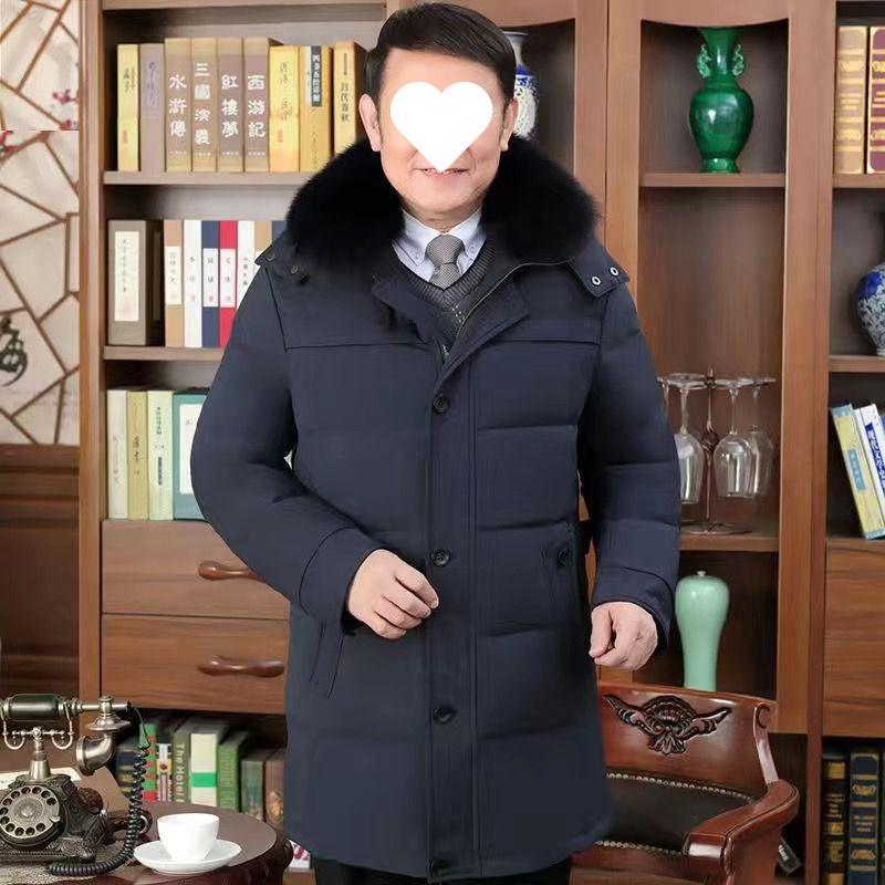 Down Jacket Men's Winter Thickened Medium and Long Dad Loose Large Size Hooded Big Fur Collar Jacket