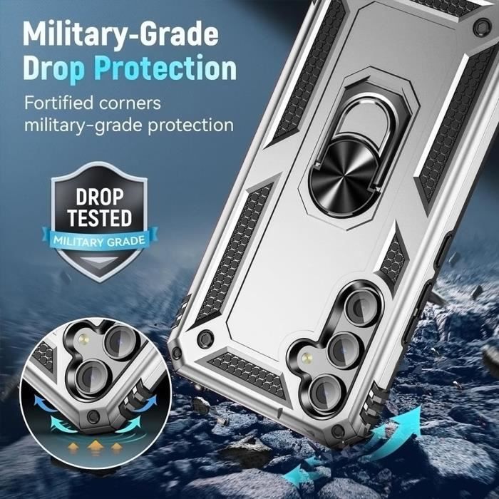 Coque de protection - BOOLING - Samsung Galaxy A15/A15 5G - Argenté - Support rotatif 360° - 2 verres trempés