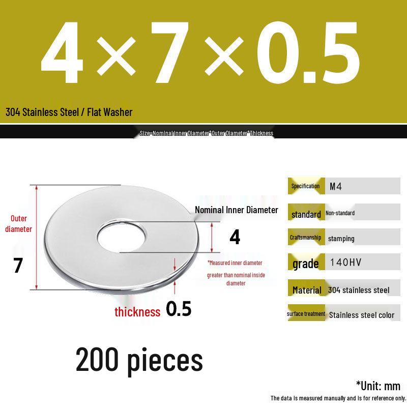 304 Stainless Steel Thickened Flat Washer Set, Sizes 2-36