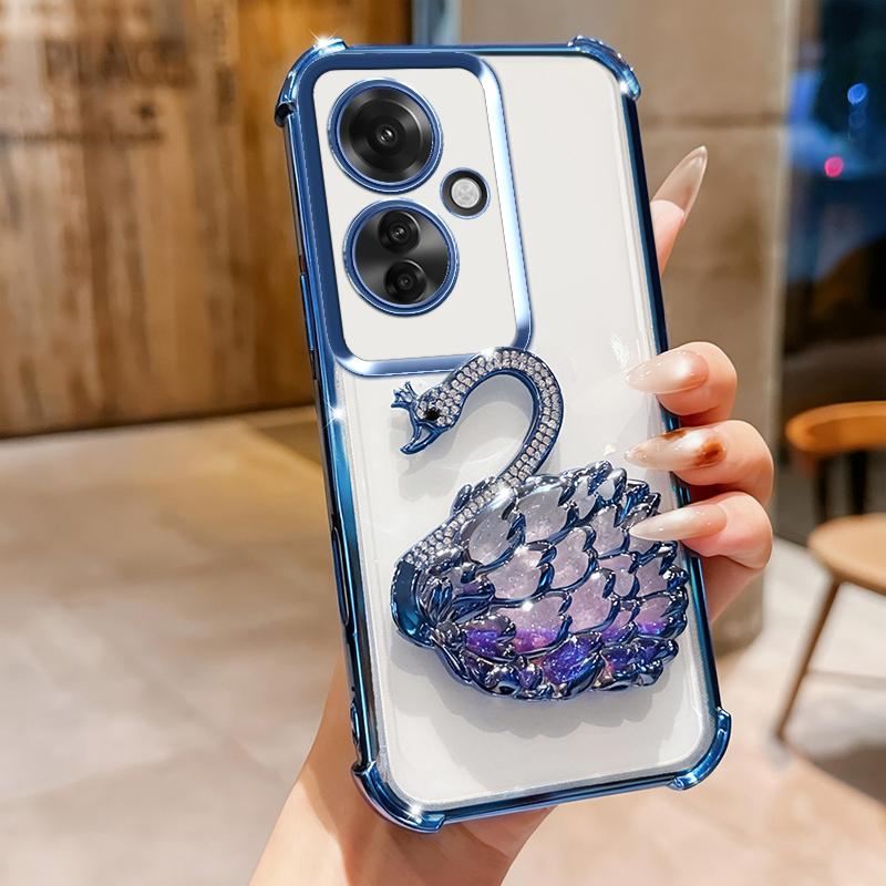 KEYSION Shockproof Plating Phone Case for OPPO Reno11 F 5G Clear TPU Glitter Jewelled Swan Kickstand Back Cover for OPPO Reno11F 5G