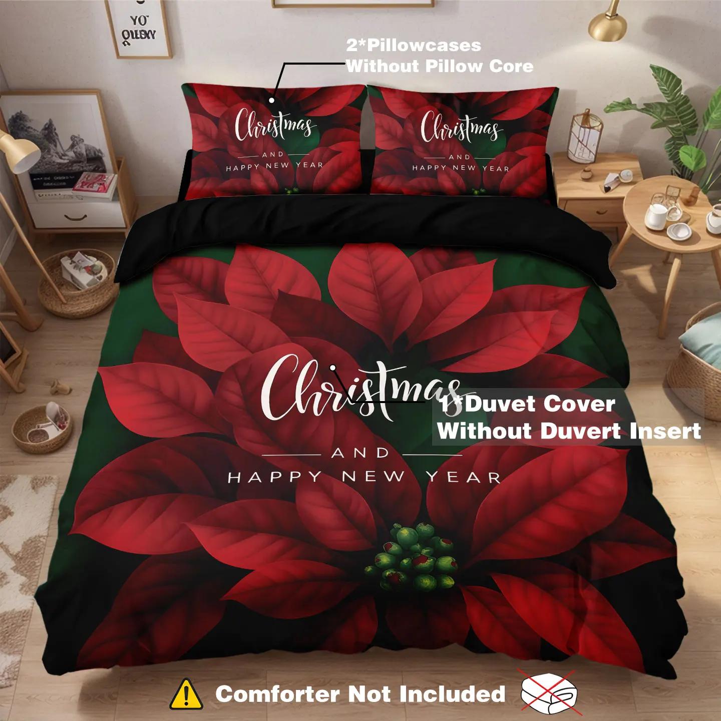 

3pcs Red Floral Bedding Set Print Coreless Multi Size Bedroom Dormitory Decoration Soft and Comfortable Machine Washable Duvet Cover Set&EU Single(135x200cm)
