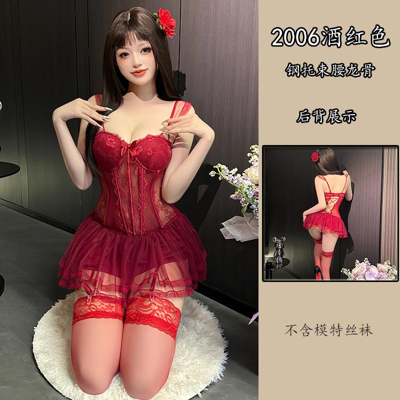 Shi Meisha: Sexy mesh perspective temptation chest pad steel ring gathering slim nightdress sexy underwear women's uniform