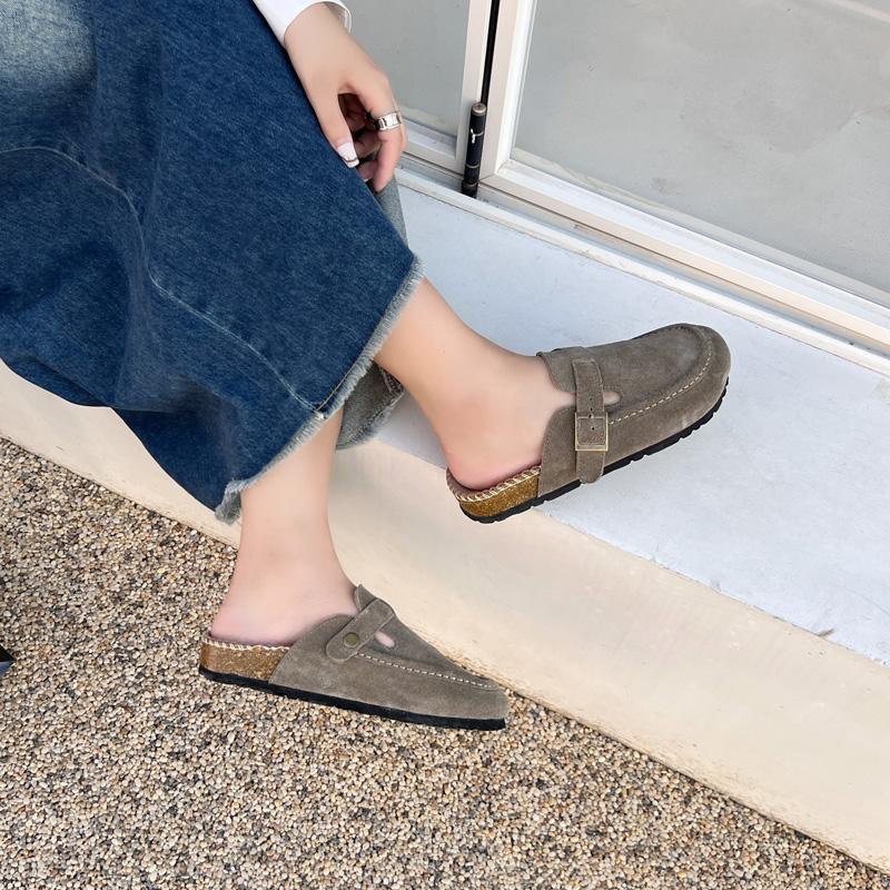 2024 Spring Women's Closed Toe Slippers Cow Suede Leather Clogs Sandals For Women Retro Hand Made Garden Mule Clog Slides