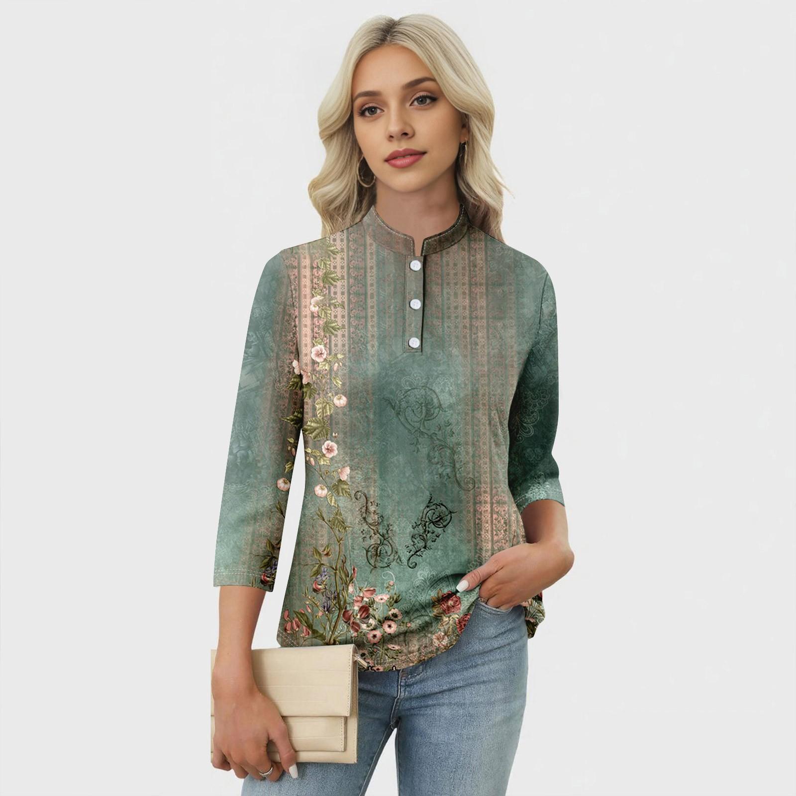 

Women s Casual Floral Print V-Neck 4/3 Sleeve Decorative Button T-Shirt Top L армія зелений колір