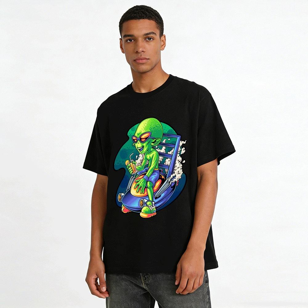 Trendy Alien Vacationer Fun Print Casual Short Sleeve T-Shirt Pure cotton T-shirt