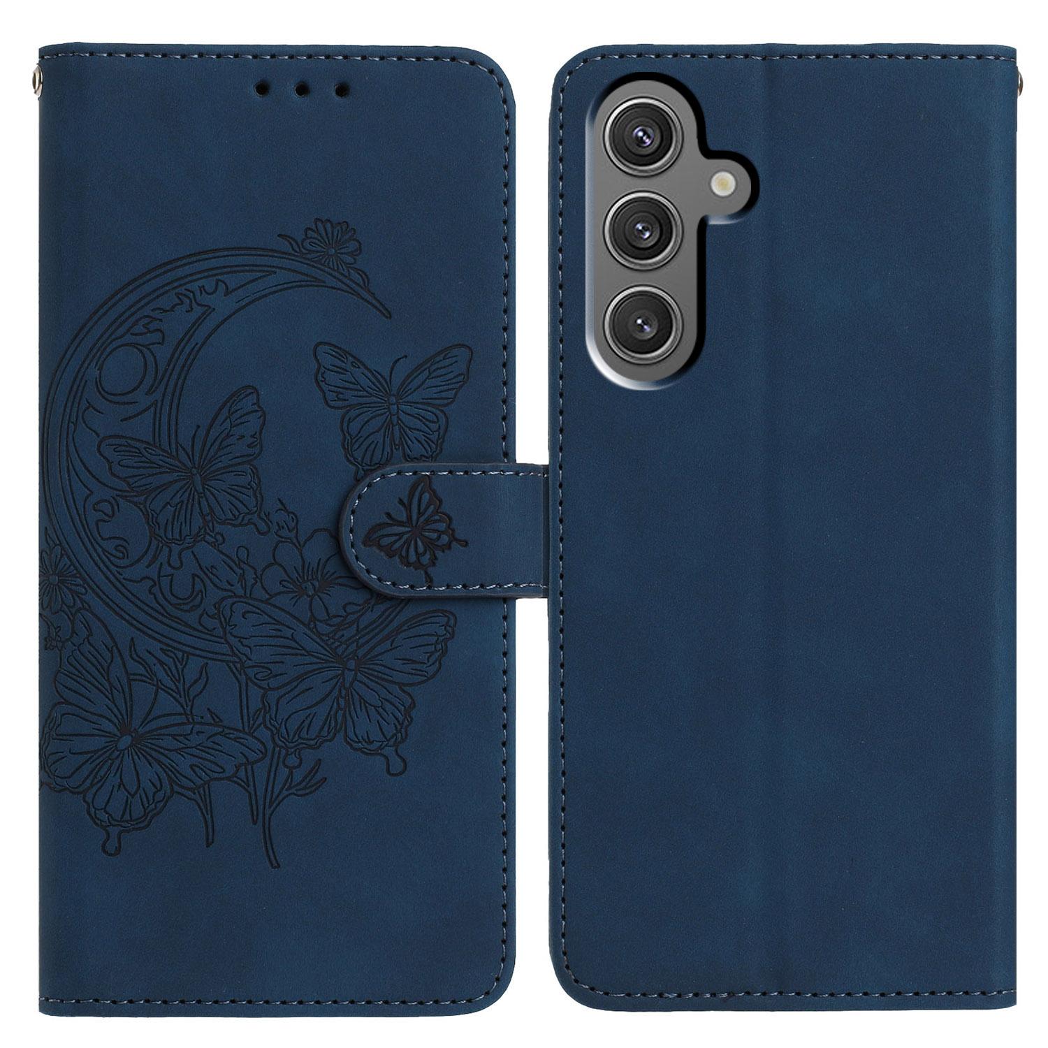 

For Samsung Galaxy A15 5G Case Butterfly Flower Imprinted PU Leather Wallet Stand Phone Cover Blue