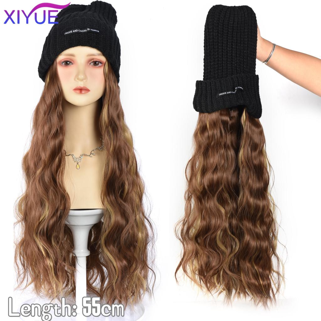XIYUE Long Synthetic Straight Dark Brown Wigs with Hat Cap Adjustable Hair Wig with Hats for Ladies and Girls Daily Winter Wear