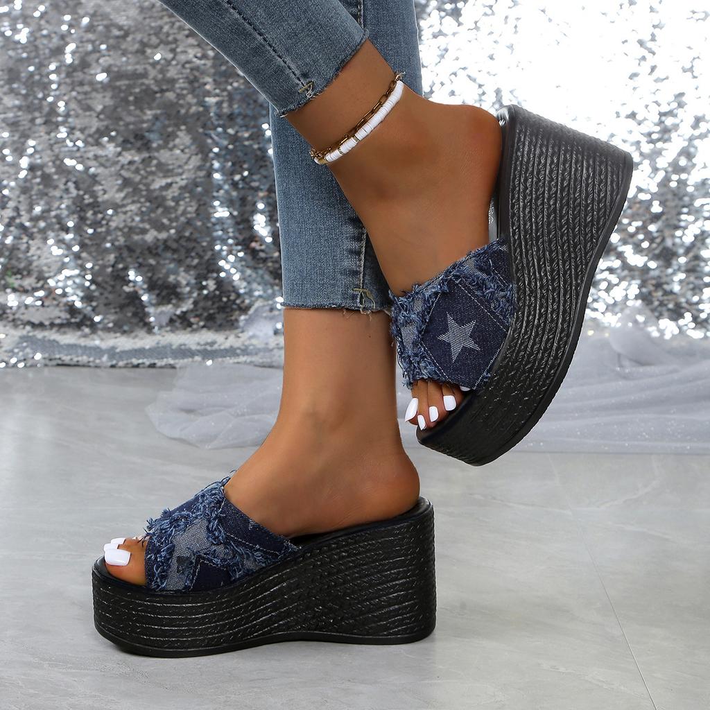 Large Size Super High Heel Slippers Denim Blue Slope Heel One-Word Slippers Wedge SlipperS
